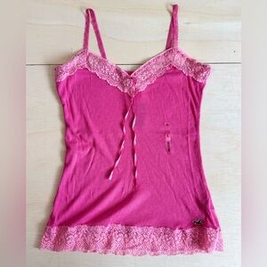 VTG Hollister Y2K Pink Ribbed Lace Trim Cami Tank Top - Size Large